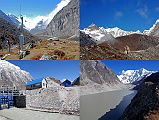 
The giant Tsho Rolpa glacial lake had been a threat to breach its natural dam and flood the valley below, but there is now a deep trench cut into the terminal moraine to control the water level. Upper left: Early warning system sirens warn the villagers if there is any trouble from the Tsho Rolpa. Upper right: A few 6000m peaks came into view to the east of Kang Nachugo just before reaching Tsho Rolpa. Lower left: The trail from Sangma Kharka climbs steeply for 45 minutes above the Rolwaling Chu to reach the buildings at the head of the Tsho Rolpa (4540m). Lower right: The trail from the head of the Tsho Rolpa follows the south side of the terminal moraine of the lake to a campsite at Kabug (4560m) in 30 minutes. I climbed the terminal moraine above Kabug to get an excellent view of Tsho Rolpa and Bigphera Go Shar (6729m) at the head of the valley.
